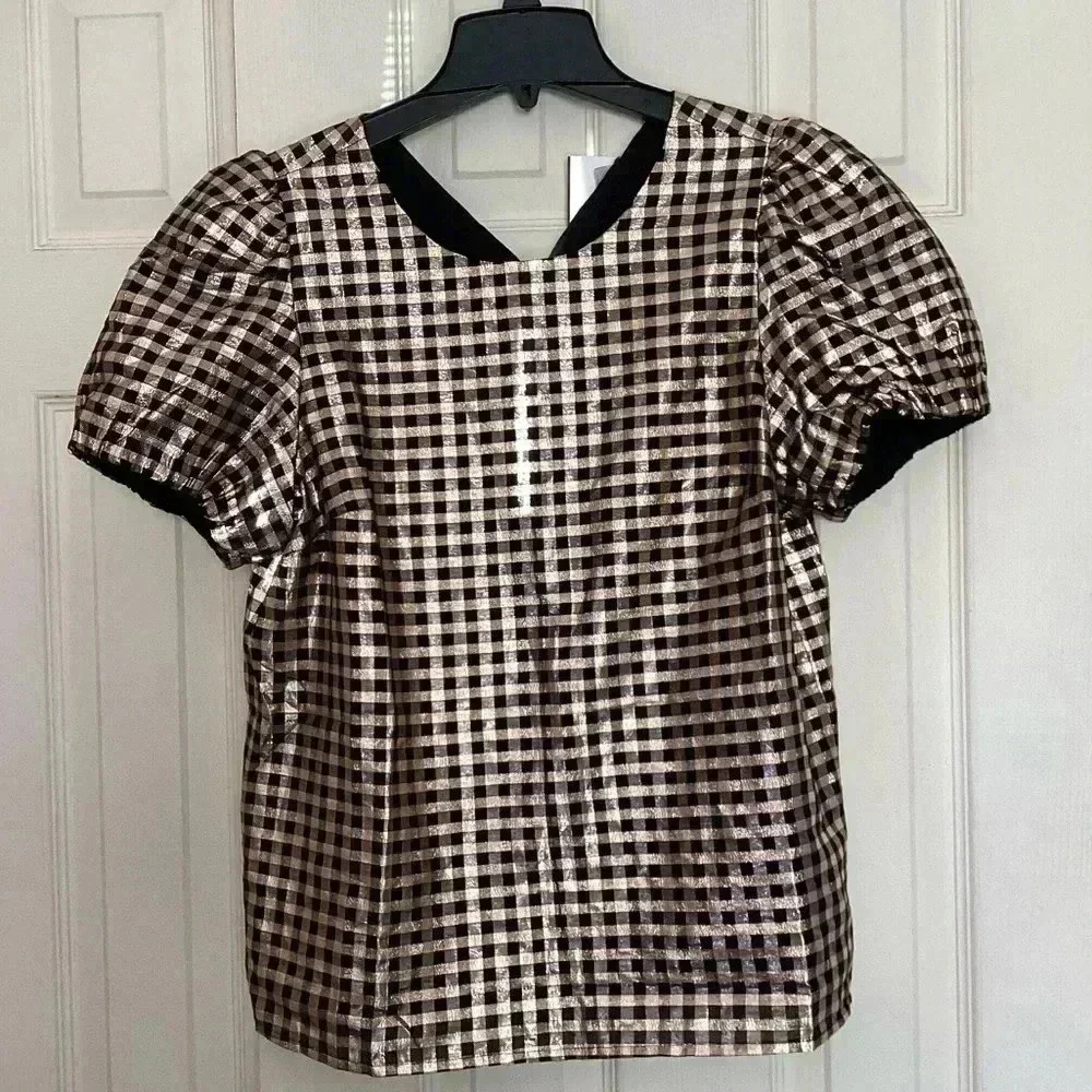 J.Crew Metallic Gold & Black Plaid Puff Sleeve Top Size Medium